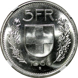 Switzerland Silver 1966 B 5 Francs NGC MS64 GEM BU KM# 40 (003)