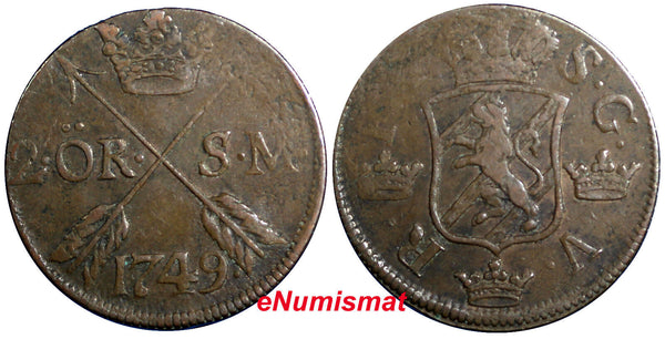 Sweden Frederick I 1749 2 Ore, S.M.Low Mintage-313,000 Better Details KM# 437(7)