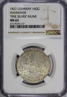 Germany HANNOVER Silver 1822 16 Gute Groschen NGC MS62 RARE TOP GRADED KM#137(7)