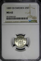 Sweden Oscar II Silver 1889 EB 25 Ore NGC MS62 Mint-422,000 RARE DATE KM# 739(7)