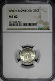 Sweden Oscar II Silver 1889 EB 25 Ore NGC MS62 Mint-422,000 RARE DATE KM# 739(7)