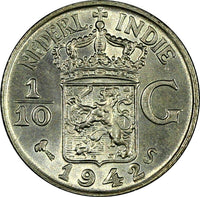 Netherlands East Indies Wilhelmina I Silver 1942 S 1/10 Gulden BU KM# 318 (045)