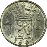 Netherlands East Indies Wilhelmina I Silver 1942 S 1/10 Gulden BU KM# 318 (045)