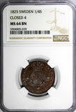 SWEDEN Carl XIV Copper 1825 1/4 SKILLING Closed "4" NGC MS64 BN  KM# 595 (39)