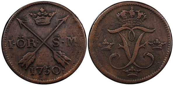 Sweden Frederick I Copper 1750 1 Ore Last Year Type Mint-353,000 KM# 416.1  (59)