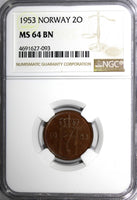 Norway Haakon VII Bronze 1953 2 Ore NGC MS64 BN TOP GRADED BY NGC KM# 399 (093)