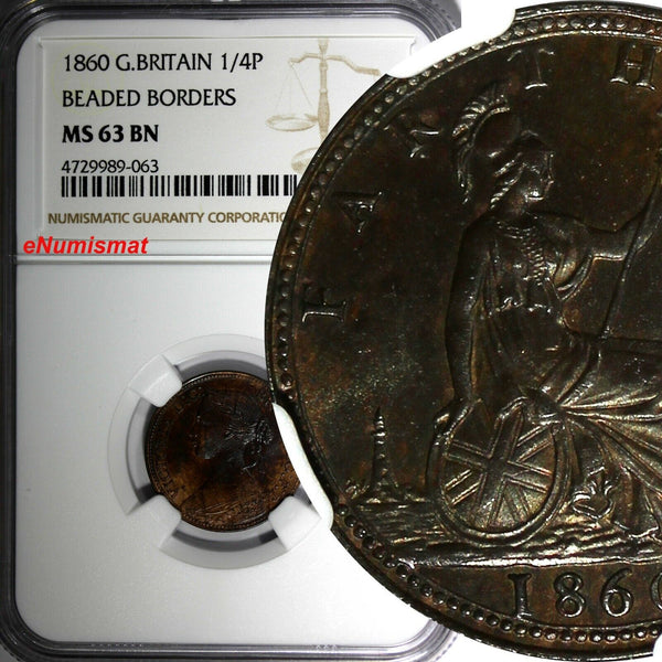 Great Britain Victoria 1860 Farthing BEADED BORDER NGC MS63 BN  KM# 747.2 (63)