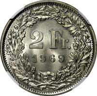 Switzerland Copper-Nickel 1969 B 2 Francs NGC MS65  KM# 21a.1 (054)