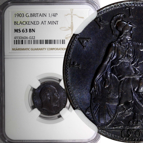Great Britain Edward VII 1903 Farthing NGC MS63 BN Blackened at Mint KM# 792 (2)