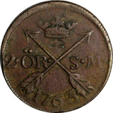 Sweden Adolf Frederick Copper 1763 2 Ore,S.M.Low Mintage-401,000 KM# 461 (615)