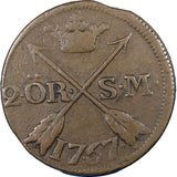 Sweden  Adolf Frederick Copper 1767 2 Ore, S.M. Low Mintage-467,000 KM# 461/4824