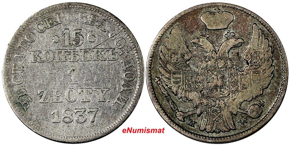 POLAND RUSSIA Nicholas I Silver 1837 MW 1 Zloty 15 Kopecks F/VF  C# 129 (11 078)