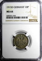 Germany - Empire Wilhelm II 1915 D 10 Pfennig NGC MS64 Munich Mint  KM# 12