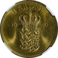 Denmark Frederik IX 1959 CS 1 Krone NGC MS65 BETTER DATE Mint-243,00 KM837.2 (5)