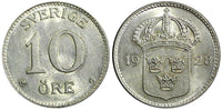 SWEDEN Gustaf V Silver 1928 G 10 Öre CHOICE UNC TONED KM# 780 (21 907)