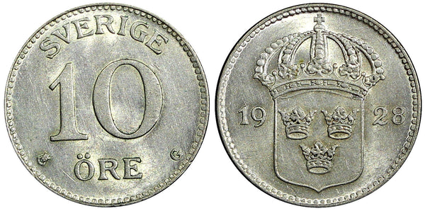 SWEDEN Gustaf V Silver 1928 G 10 Öre CHOICE UNC TONED KM# 780 (21 907)