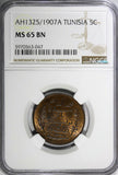 Tunisia Bronze AH1325//1907 A 5 Centimes NGC MS65 BN TOP GRADED KM# 235 (047)