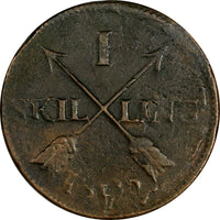 SWEDEN Gustaf IV  1805 1 SKILLING OVERSTRUCK ON 2 ORE (1743-68) KM# 566 (17896)