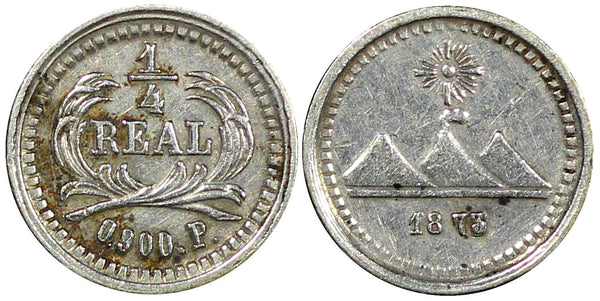 Guatemala Silver 1873 P 1/4 Real Sun with 3 Volcanoes KM# 146 (22 660)