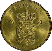 Denmark Frederik IX Aluminum-Bronze 1958 C S  2 Kroner NGC MS64 KM# 838.2 (172)