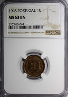 Portugal Bronze 1918 1 Centavo NGC MS63 BN KM# 565  (044)