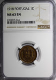 Portugal Bronze 1918 1 Centavo NGC MS63 BN KM# 565  (044)