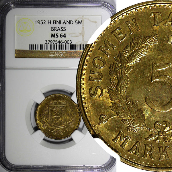 Finland 1952 H 5 Markkaa NGC MS64 TOP GRADED BY NGC !!!  KEY DATE KM# 31a (003)