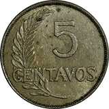 Peru Copper-Nickel 1940 5 Centavos Mint Error Cup Rim XF Condition KM# 213.2/624