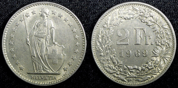 SWITZERLAND Copper-Nickel 1969 2 Francs  KM# 21a.1 (23 367)
