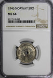 NORWAY Haakon VII Copper-Nickel 1946 50 Ore NGC MS64 1 GRADED HIGHEST  KM# 386