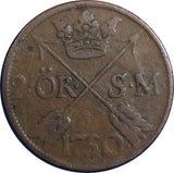 Sweden Frederick I 1750 2 Ore, S.M.Slant 5 Low Mintage-353,000 Brown KM#437 (04)