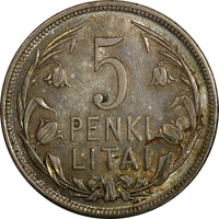 Lithuania Silver 1925 5 Litai 1 Year Type. XF .Light Toned KM# 78 (18 843)