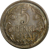 Lithuania Silver 1925 5 Litai 1 Year Type. XF .Light Toned KM# 78 (18 843)