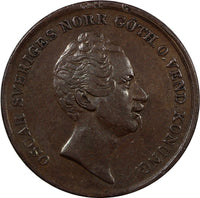 Sweden Oscar I Copper 1852 2 Skilling Banco 33.5 mm Mintage-61,420 KM# 664 (855)