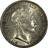 German States PRUSSIA Wilhelm II Silver 1908 A 2 Mark aUNC/UNC KM# 522 (45)