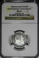 Belgium Leopold II Silver 1880 1 Franc NGC MS61 50th Anniversary PL KM# 38 (133)
