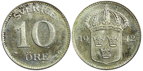 SWEDEN Gustaf V Silver 1942 G 10 Öre  Last Year GEM BU KM# 780 (21 917)