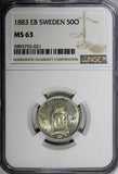 SWEDEN Oscar II Silver 1883 EB 50 Ore NGC MS63 GEM COIN BETTER DATE KM# 740(021)