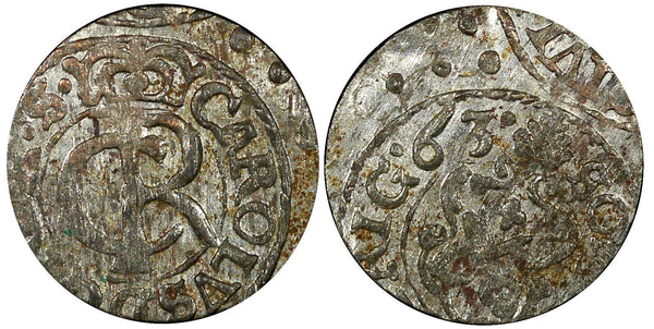 LIVONIA Riga CARL XI of Sweden (1660-1697)Silver 1663 Solidus VF KM#55 (22 240)