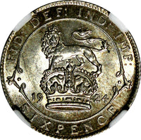 GREAT BRITAIN George V Silver 1924 6 Pence NGC MS63 LIGHT TONING KM# 815a.1