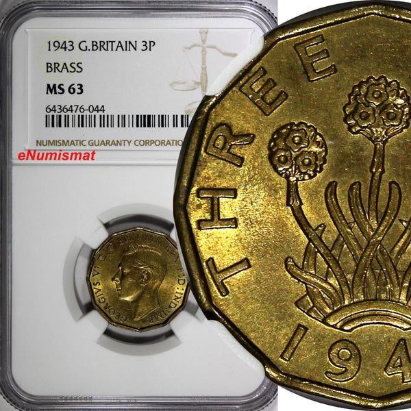 Great Britain George VI 1943 3 Pence WWII Issue NGC MS63 KM# 849 (044)