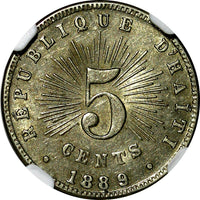 Haiti Copper-Nickel 1889 5 Cents 1 YEAR TYPE Mint-100,000 NGC MS63 RARE KM#50(5)