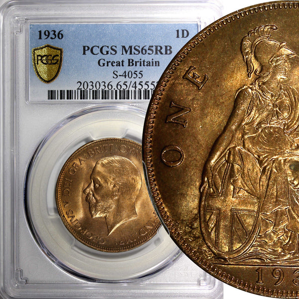 GREAT BRITAIN George V Bronze 1936 1 Penny PCGS MS65 RB RED NICE KM# 838 (8)