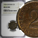 ESTONIA Bronze 1934 2 Senti NGC MS63 BN 1 YEAR TYPE NICE TONED KM# 15 (147)