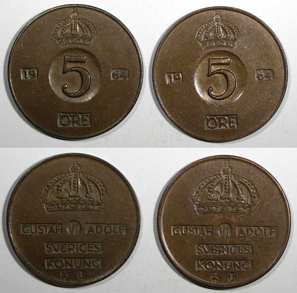 SWEDEN Gustaf VI LOT OF 2 COINS 1964 U 5 ORE "50" in Crown KM#822 SCARCE (622)