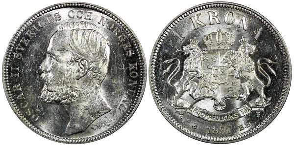 Sweden Oscar II Silver 1897 EB 1 Krona Mintage-735,391 aUNC/UNC KM# 760 (22 248)