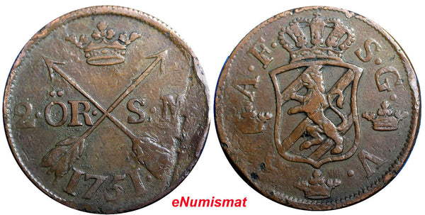 SWEDEN Adolf Frederick 1751 2 Ore,S.M Low Mintage:353,000 SCARCE KM#461 (2349)