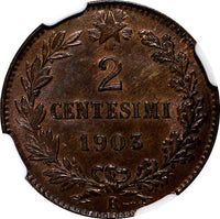 Italy Vittorio Emanuele III Bronze 1903 R 2 Centesimi NGC MS64 BN KM# 38 (050)
