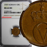 NORWAY Olav V 1959 1 ORE NGC MS64 BN  BETTER DATE TOP GRADED BY NGC KM# 403 (49)