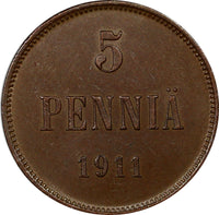 Finland Russian Nicholas II Copper 1911 5 Pennia Choice XF Condition  KM# 15(09)